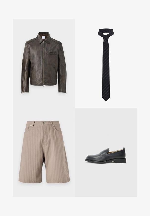 Brūna ādas jaka ar rāvējslēdzēja priekšpusi, pogu apkakli un vienu krūšu kabatu. Iekļauj rāvējslēdzēja sānu kabatas un gludu tekstūru.; Balts garām piedurknēm krekls no teksturēta auduma, ar klasisku apkakli, pogu aizdari un taisnu apakšmalu, ar brīvu piegriezumu.; Gaiši brūni, svītraini šorti ar taisnu piegriezumu. Aprīkoti ar priekšējo rāvējslēdzēju, divām sānu kabatām un metāla pogu aizdari.; Melnas ādas loafers ar gludu virsmu, plakanu zoli un noapaļotu pirkstu, ar dekoratīvu jostu pāri augšdaļai.; Melnā kaklasaites ar diagonālām zilām svītrām, izgatavota no gludas auduma. Iezīmēta ar šauru galu un mezgla cilpu augšpusē.