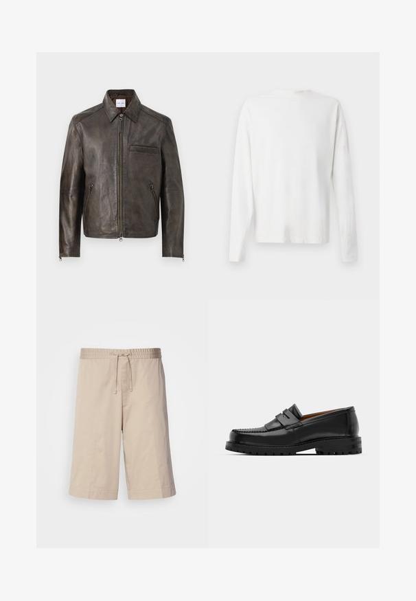 Καφέ δερμάτινο μπουφάν με φερμουάρ, κολάρο με κουμπιά και μία θήκη στο στήθος. Διαθέτει φερμουάρ στις πλαϊνές τσέπες και απλή υφή.; Λευκό βαμβακερό πουκάμισο μακρυμάνικο με στρογγυλή λαιμόκοψη, πλαϊνές σχισμές στο κάτω μέρος και λεία υφή, εμφανιζόμενο από πίσω.; Χακί βαμβακερές σορτς με ελαστική μέση, κορδόνι προσαρμογής και ίσια εφαρμογή. Διαθέτουν χωρίς τσέπες και έχουν απαλή, ελαφριά υφή.; Μαύρες δερμάτινες μοκασίνες με ανυψωμένη ραφή, δύο διακοσμητικές λωρίδες στο άνω μέρος και παχύ υφή στη σόλα για πρόσθετη πρόσφυση.