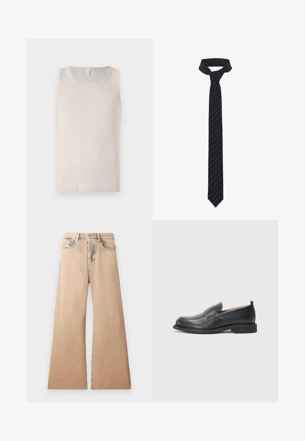 Veste en cuir marron avec fermeture éclair à l'avant, col à snaps et une poche poitrine. Comprend des poches latérales zippées et une texture lisse.; Débardeur beige clair en cotton doux, avec un encolure ronde et un design sans manches, affichant une texture lisse et côtelée.; Jean large beige avec texture décolorée, design à cinq poches et détails cousus le long des coutures. La taille dispose d'une fermeture à bouton traditionnel.; Mocassins en cuir noir avec une finition lisse, une semelle plate et un bout arrondi, ornés d'une sangle décorative sur le dessus.; Un nœud papillon noir avec des rayures diagonales bleues, fabriqué dans un tissu lisse. Il présente une extrémité effilée et une boucle nouée en haut.