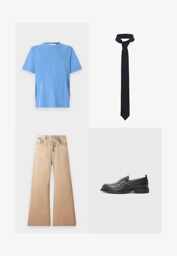 Hnedá kožená bunda so zipsom na prednej strane, s podpínacím golierom a jednou náprsné kapsou. Obsahuje bočné vrecká na zips a hladký povrch.; Modrá tričko s krátkym rukávom vyrobené z mäkkej látky, s okrúhlym výstrihom a voľným strihom. Má malú nášivku s logom na dolnom ľavom rohu.; Bežové široké džínsy s vyblednutou textúrou, päť vreciek a prešívanými detailmi pozdĺž švov. Pás má tradičné gombíkové zapínanie.; Čierne kožené poltopánky s hladkým povrchom, plochou podrážkou a okrúhlou špičkou s dekoratívnym pásikom cez hornú časť.; Čierny motýlik s diagonálnymi modrými pruhmi, vyrobený z hladkej látky. Disponuje špicatým koncom a uzlovým slučkovým uzáverom na vrchu.