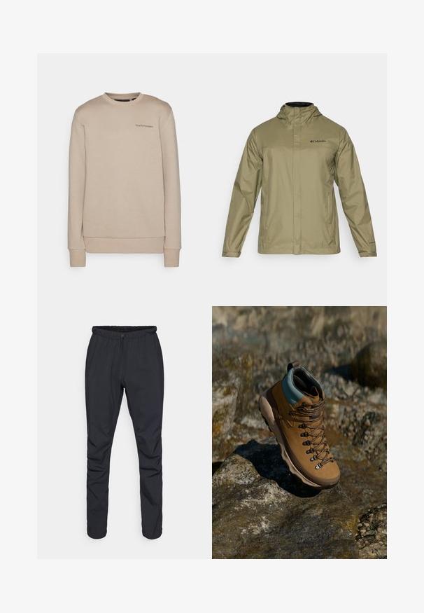 Gaiši olīvu zaļš ūdensizturīgs apģērbs ar kapuci, priekšējā rāvējslēdzēja aizdari, divām sānu kabatām un melnu logotipu uz krūtīm. Gluda tekstūra un garas piedurknes.; Peak Performance ORIGINAL SMALL LOGO - Ikdienas džemperis - avid beige; Melni viegli bikses ar elastīgu jostasvietu, savilkšanas slēgšanu un sašaurinātiem pāršuvumiem. Izgatavotas no ūdensnoturīga materiāla ar gludu faktūru.; Brūns pārgājienu zābaks ar sintētisko augšdaļu, gaiši zilu apkakli, metāla acīm un teksturētu gumijas zoli. Izstrādāts āra aktivitātēm.