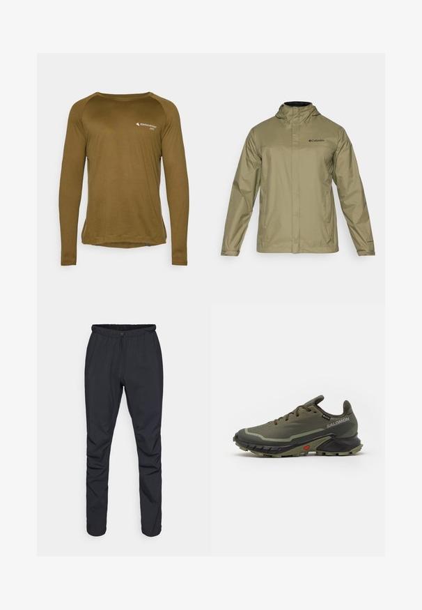 Ljus olivgrön vattentät jacka med huva, framdragkedja, två sidofickor och svart logotyp på bröstet. Slät textur och långa ärmar.; Långärmad skjorta i olivgrön, gjord av texturerat tyg. Har rundad halsringning och en liten logotyp på framsidan.; Svarta lätta byxor med elastisk midja, dragsko och smalnande ben. Tillverkade av vattenavvisande material med en slät yta.; Olivgröna löparskor med en texturerad ovandel i tyg, svart gummisula, rund tå och justerbar snörningsdesign. Har röda detaljer.