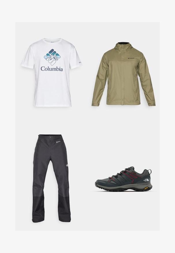 Ljus olivgrön vattentät jacka med huva, framdragkedja, två sidofickor och svart logotyp på bröstet. Slät textur och långa ärmar.; Vit bomullströja med en blå och grön bergstema Columbia-logotyp framtill. Kort ärm, rund halsringning, avslappnad passform.; Svarta vattentäta byxor med en slät yta, med en GORE-TEX-logotyp på framsidan och förstärkta nedre ben för ökad hållbarhet.; Grå vandringsko med röda accenter, överdel av nät och syntetmaterial, snörningssystem och Vibram-sula för bra grepp. Har Gore-Tex för vattentålighet.