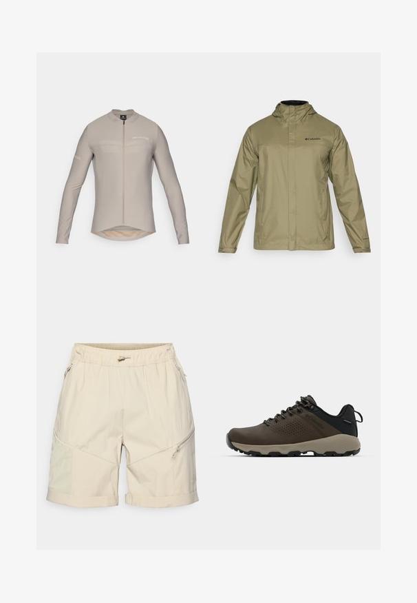 Soehe oliivroheline veekindel jope kapuutsi, esikinnise, kahe küljetasku ja musta logo kaeluses. Sile tekstuur ja pikad varrukad.; Helebeež pikkade varrukatega jalgrattasärk kõrge kaelusega, ees lukuga ja diskreetse logo detailidega. Omab pikendatud tagaosa ja siledat kangast tekstuuri.; Bežid lühikesed püksid, mis on valmistatud kergete kangastega, elastse vöökohtadega, tõmblukkudega taskutega ning volditud servaga, mis sisaldab vastandlikke tekstuuriga paneele.; Kohandatud veekindlad pruunid spordijalatsid tekstuuriga pealisega, perforatsioonidega detailid, must kandetoetav osa ja hall kummine sisetald. Paelad on metallist otstega.