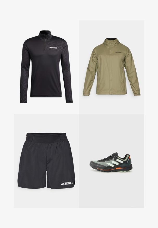 Lyse olivengrøn vandtæt jakke med hætte, frontlynlås, to sidelommer og sort logo på brystet. Glat tekstur og lange ærmer.; adidas Terrex TERREX MULTI HALF ZIP LONGSLEEVE TEE - Langærmet T-shirt - black; Sort træningsshorts med en strækbar talje, fremstillet af letvægtsstof. Har et hvidt "TERREX" logo nederst til venstre.; Letvægts trail løbesko med en grå og sort mesh overdel, orange accenter og en robust ydersål til trækkraft. Vandtæt Gore-Tex foring.