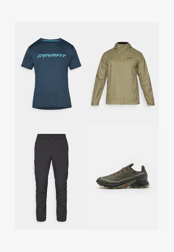 Soehe oliivroheline veekindel jope kapuutsi, esikinnise, kahe küljetasku ja musta logo kaeluses. Sile tekstuur ja pikad varrukad.; Tumed sinise värvi lühikeste varrukatega spordipait, millel on rinna kohal türkiissinine "DYNAFIT" logo, valmistatud kerge ja hingava kanga eest.; Mustad, kitsendavad püksid elastse vöökoha, tõmblukuga küljetasku ja sileda, kerge materjaliga. Ideaalne aktiivseks kandmiseks.; Olivroheline jooksushüved tekstuurse kangas ülemise osa, must kummist tallaga, ümar varvas ja reguleeritav lipsukujundus. Omab punaseid aktsente.