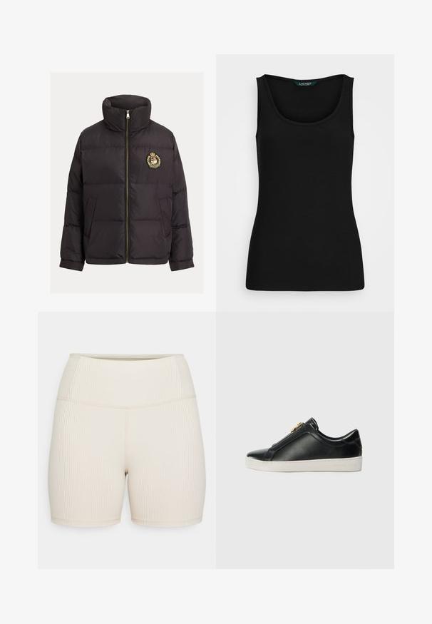 Doudoune noire à col montant, fermeture éclair dorée, logo brodé sur la poitrine, design matelassé structuré avec poches latérales.; Débardeur noir à côtes avec un col rond, forme ajustée et bords sans couture. Le tissu est doux et extensible. L'étiquette indique "LAUREN."; Shorts côtelés beiges avec une taille haute. Texture lisse, design ajusté et longueur mi-cuisse. Pas de matériel ou de motifs visibles.; Chaussures noires en cuir à enfiler avec une couture surélevée, détail en métal argenté sur le dessus, et une semelle en caoutchouc blanche avec un logo en relief.