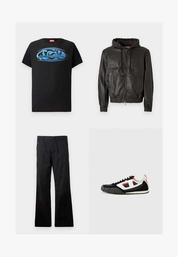 Μαύρο δερμάτινο μπουφάν με φερμουάρ μπροστά, ελαστικές μανσέτες, κουκούλα με κορδόνι και πλαϊνές τσέπες. Λείος υφής με ελάχιστες λεπτομέρειες.; Μαύρο κοντομάνικο μπλουζάκι από βαμβάκι, με μπλε γραφικό λογότυπο και το κείμενο "www.diesel.com" μπροστά.; Μαύρο, βαμβακερό παντελόνι με ίσια γραμμή και κλείσιμο με κουμπί. Διαθέτει πλαινές τσέπες και μινιμαλιστικό σχέδιο χωρίς ορατά μοτίβα ή αξεσουάρ.; Diesel S PAGODHA - Αθλητικά παπούτσια - black