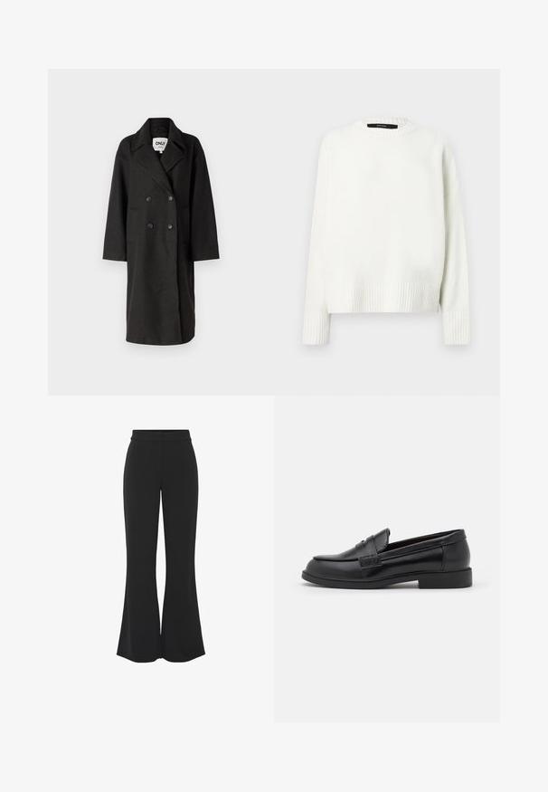 Black double-breasted overcoat with notched lapels, long sleeves, two front pockets, and a relaxed fit. Made of a soft, textured material.; White, knitted sweater with a round neckline, ribbed cuffs and hem. Soft texture and relaxed fit, featuring dropped shoulders.; Black flared trousers made of smooth fabric with a fitted waist, side pockets, and a clean front crease for a tailored appearance.; Black leather loafers with a smooth texture, rounded toe, stitched detailing on the upper, and a low, flat rubber sole.