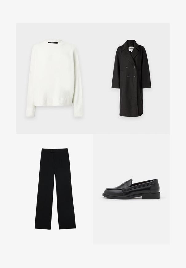 Zwarte dubbele-breasted overjas met gelapte revers, lange mouwen, twee voorkeurszakken en een ontspannen pasvorm. Gemaakt van een zachte, gestructureerde stof.; Witte gebreide trui met een ronde hals, geribbelde manchetten en zoom. Zachte textuur en een ontspannen pasvorm, met afgezakte schouders.; Zwarte wijde broek van gladde stof, met een ritssluiting aan de voorkant en twee plooien voor extra detail. Over het geheel een nauwkeurige pasvorm.; Zwarte leren loafers met een gladde textuur, ronde neus, gestikte details op de bovenkant en een lage, platte rubberen zool.