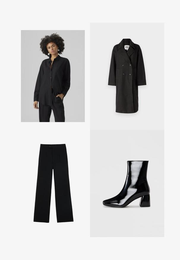 Schwarzer doppelter Übermantel mit Reverskragen, langen Ärmeln, zwei Fronttaschen und lockerer Passform. Hergestellt aus einem weichen, strukturierten Material.; Schwarzes Langarmhemd mit durchgehender Knopfleiste, Tasche, lockerer Passform und weichem Material, kombiniert mit passenden schwarzen Hosen.; Schwarze weit geschnittene Hosen aus glattem Stoff, mit einem Frontknopfverschluss und zwei Falten für zusätzliche Details. Maßgeschneiderter Gesamteindruck.; Schwarze Lack-Ankle-Boots mit einer spitzen Zehenpartie und einem quadratischen Blockabsatz. Glatte Textur mit hochglänzender Oberfläche, ohne sichtbare Verzierungen.