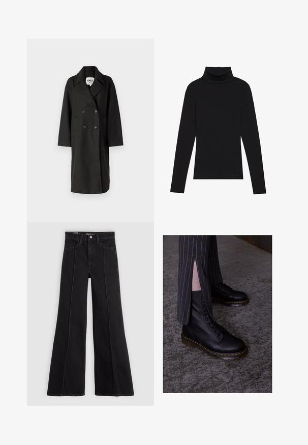 Černý dvouřadový kabát s klopovými límci, dlouhými rukávy, dvěma předními kapsami a uvolněným střihem. Vyrobeno z měkkého, strukturovaného materiálu.; Černý rolák s dlouhým rukávem, vyrobený z žebrované látky, má upnutý střih s vysokým výstřihem a žádné vzory ani akcenty.; Černé džíny s vysokým pasem a širokými nohavicemi, s prošitím v přední části, zapínáním na knoflík, poutky na opasek a předními kapsami na jednoduchém světlém pozadí.; Černé kožené šněrovací boty s texturovaným povrchem, žlutým prošíváním a pevnou, průhlednou podrážkou. V kombinaci s pruhovanými kalhotami s zipy.