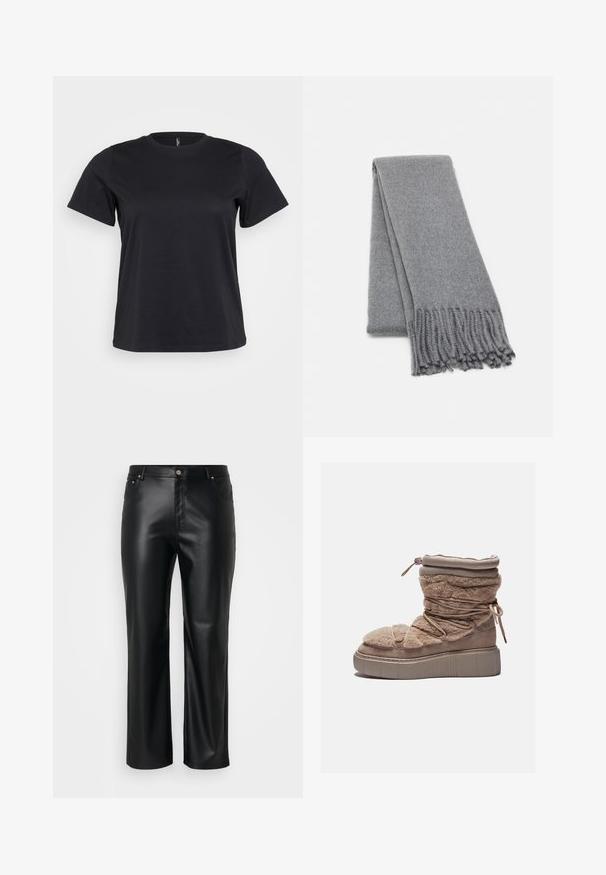 Crni dvostruko kopčani kaput s izrezanim reverima, dugim rukavima, dva prednja džepa i opuštenim krojem. Izrađen od mekog, teksturiranog materijala.; Crna pamučna majica s kratkim rukavima, okruglim izrezom, opuštenim krojem i glatkom teksturom. Nema vidljivih grafika ili uzoraka.; Crne hlače od umjetne kože ravnog kroja, s petljama za pojas, prednjim džepovima i zatvaranjem na zip s gumbom. Glatka tekstura.; Krznene bež čizme do gležnja s debelim platformom, sabranim gornjim dijelom i elastičnim vezicama. Imaju zatvaranje na zip i mekanu teksturu tkanine.; Siva vuna šal s mekom teksturom, s resama na rubovima i jednostavnim dizajnom. Neatno presavijen, ističući svoj izduženi oblik.