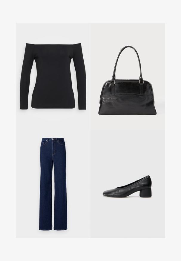 Svart dobbelspent frakk med noterte slag, lange ermer, to frontlommer og en avslappet passform. Laget av et mykt, strukturert materiale.; Svart langermet topp med off-the-shoulder-design, laget av et glatt, elastisk stoff, med en tettsittende silhuett og uten synlige mønstre.; Mørkeblå denimbukser med høy midje, vide ben og klassisk fem-lommer design. Avsluttet med kontrasterende søm og en metallknapp.; Sorte lærpumps med rund tå og mellomstor blokkhæl. Glatt tekstur med minimalt med detaljer, og har en subtil elastisk åpning.; Svart, glansete lærhåndveske med to lange håndtak og et jevnt, lett buet frontpanel mot en enkel hvit bakgrunn.