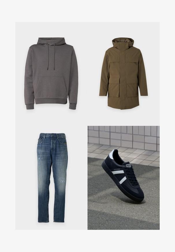 Parka verde oliva con capucha, que cuenta con dos grandes bolsillos delanteros y cierre de cremallera. Confeccionada en un tejido texturizado y duradero. Diseño de corte recto.; Sudadera gris de material suave, con un bolsillo tipo canguro, capucha ajustable con cordón y puños y dobladillo acanalados.; Jeans de mezclilla en un color azul deslavado, con un diseño de pierna recta, un desgaste moderado en la parte delantera y un estilo clásico de cinco bolsillos.; Zapatilla de cuero negra con rayas blancas, suela de goma texturizada y parte frontal con cordones. Cuenta con una etiqueta de marca en la lengüeta.