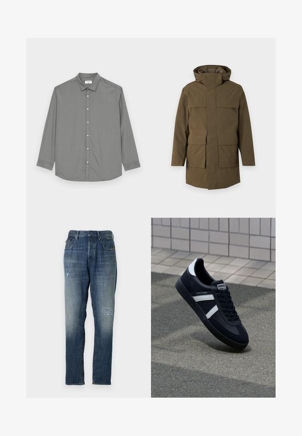 Oliivroheline park, millel on kapuuts, kaks suurt eesmist taskut ja lukuga sulgemine. Valmistatud tekstureeritud, vastupidavast kangast. Sirge lõikega disain.; Jack & Jones JJJOE PLAIN NOOS - Pluus - castor gray; Denim teksad, millel on pleekinud sinine värv, sirge jalgade disain, mõõdukas kulumine ees ja klassikaline viie-tasku stiil.; Must have musta sneaker musta valgete triipudega, tekstuurne kummitald ja nööridega esiosa. Omab bränditud märki keele peal.