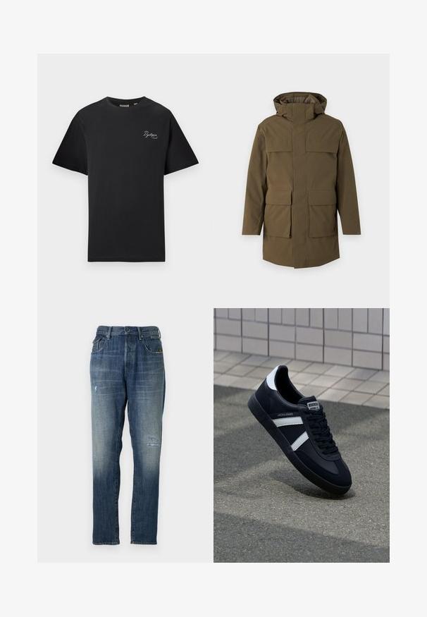 Olīvu zaļš parka ar kapuci, kurai ir divas lielas priekšējās kabatas un rāvējslēdzēja aizdare. Izgatavota no strukturēta, izturīga auduma. Taisna piegriezuma dizains.; Melnas īsām piedurknēm T-krekls ar mazu baltu kursīvu tekstu "Dystopia Sounds." kreisajā krūtīs, apaļa kakla izgriezums, attēlots uz vienkārša gaiša fona.; Džinsi no denima ar izbalinātu zilu krāsu, taisnas kājas dizainu, mērenu nolietojumu priekšpusē un klasisku piecu kabatu stilu.; Melnā ādas sporta apavi ar baltām svītrām, teksturēta gumijas zole un auklu aizdare. Iekļauj zīmola etiķeti uz mēles.