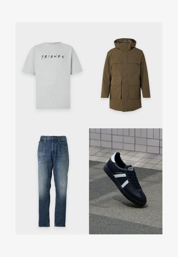 Olive green parka with a hood, featuring two large front pockets and a zip closure. Made of textured, durable fabric. Straight cut design.; Gray cotton t-shirt with short sleeves featuring the word "FRIENDS" in black, accented with colored dots in a casual font.; Denim jeans featuring a faded blue color, a straight leg design, moderate distressing on the front, and a classic five-pocket style.; Black leather sneaker with white stripes, textured rubber sole, and lace-up front. Features a branded label on the tongue.