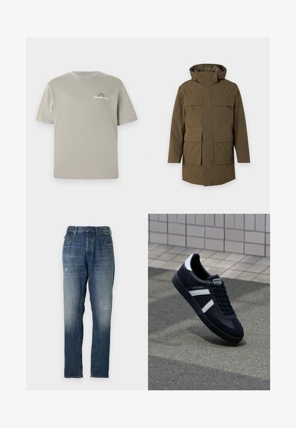 Olivinės spalvos parka su kapišonu, turinti dvi dideles priekines kišenes ir užtrauktuką. Pagaminta iš tekstūruotos, tvirtos medžiagos. tiesaus kirpimo dizainas.; Šviesiai pilkas medvilninis marškinėliai su trumpomis rankovėmis, apvaliu iškirpimu ir mažyte "ATHLETIC CLUB" grafika ant krūtinės. Lygus paviršius.; Džinsai, turintys įblukusią mėlyną spalvą, tiesaus kirpimo dizainą, vidutinį dėvėjimą priekyje ir klasikinį penkių kišenių stilių.; Juodas odinis sportinis batelis su baltais dryžiais, tekstūruota gumine padais ir raišteliais priekyje. Yra prekės ženklą žymintis etiketė ant liežuvio.