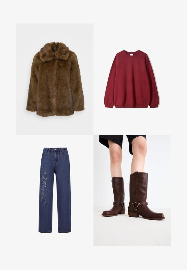 Ruskea keinoturkki takki, jossa on korkea kaulus, teksturoitu pinta ja löysä mitoitus. Takissa on täysi etuosuus eikä näkyviä kiinnityksiä.; Burgundy-coloured huppari rentoa leikkauksen kanssa, jossa on pyöreä kaula-aukko ja roikkuvat olkapäät, esiteltynä yksinkertaista valkoista taustaa vasten.; Tummansiniset farkut, joissa on löysä malli ja koristeellisia hopeisia strasseja, jotka muodostavat tekstin "Ed Hardy" vasemmassa lahkeessa.; Marron nahka polven ylle ulottuvat saappaat, joissa on pyöreä kärki, teksturoitu pinta, nilkkahihna ja hopeiset yksityiskohdat; kasattu korko.