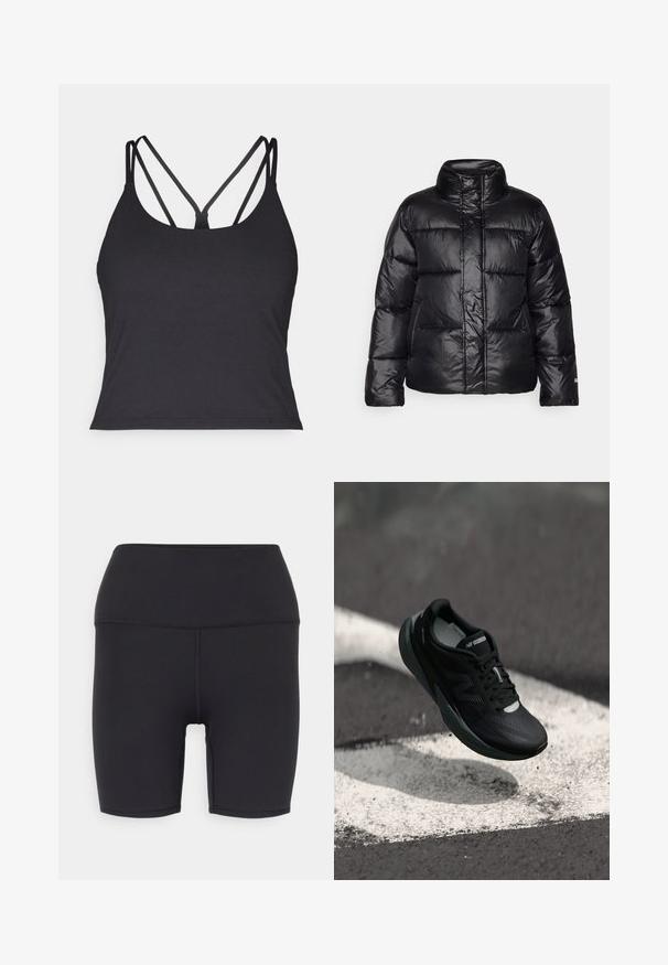 Juodas pūkinis švarkas su aukštu apykakle, gatuota struktūra, blizgiu paviršiumi ir šiek tiek trumpesniu siluetu. Be to, turi ilgus rankovės ir priekinį užtrauktuką.; Juodas maudymosi marškinėlis su plonais dirželiais ir kryžminiu dizainu nugaroje. Pagamintas iš minkštos, tamprios medžiagos, puikiai priglundančios.; Juodos sportinės šortai, pagaminti iš tamprios medžiagos, su aukštu juosmeniu, lygia tekstūra ir be matomų raštų ar detalių.; Juodas bėgimo batelis su tekstūruotu viršumi, elegantišku dizainu ir atspindinčiomis detalėmis. Yra minkštas, paminkštintas padas patogumui.