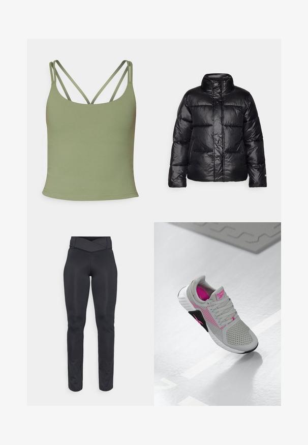 Černá péřová bunda s vysokým límcem, prošívaným designem, lesklým povrchem a mírně zkráceným střihem. Obsahuje dlouhé rukávy a přední zip.; Olivově zelený tílko s přiléhavým střihem, tenkými nastavitelnými ramínky a hladkým, elastickým povrchem. Minimalistický styl bez vzorů.; Černé sportovní legíny s vysokým pasem a kříženým páskem, bez švů a štíhlého střihu, navržené pro cvičení nebo volný čas.; Šedé a růžové sportovní tenisky Reebok s síťovaným svrškem a detailní podrážkou, vystavené na reflexním bílém povrchu.