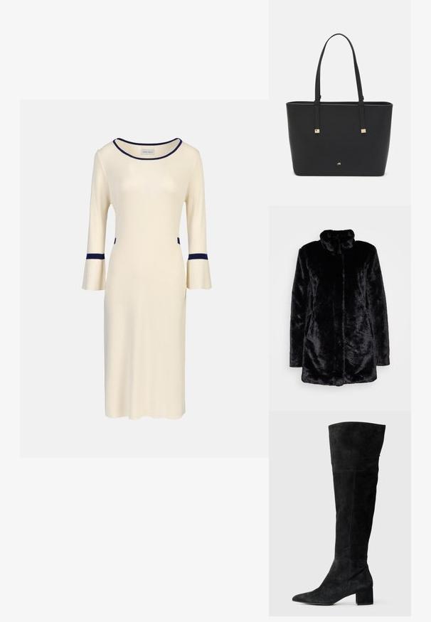 Black faux fur coat with a high collar, soft texture, long sleeves, and an open front design. No visible fastenings.; Cream knit dress with three-quarter bell sleeves, featuring navy accents at the neckline and cuffs, and side pockets. Simple, fitted design.; Black suede over-the-knee boots with a pointed toe and a block heel. Smooth texture with side stitching and a fitted design.; Black tote bag made of synthetic material, featuring simple rectangular design, gold square accents, and double handles.