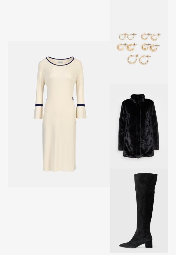 Cappotto in pelliccia sintetica nera con un colletto alto, morbida texture, maniche lunghe e design aperto. Nessun serraggio visibile.; Abito a maglia crema con maniche a tre quarti a campana, caratterizzato da accenti blu navy sullo scollo e sui polsini, e tasche laterali. Design semplice e aderente.; Stivali neri sopra il ginocchio in suede, con punta affusolata e tacco a blocco. Texture liscia con dettagli di cucitura verticale.; Set di orecchini color oro, caratterizzato da diverse forme: piccoli orecchini a cerchio, mezze lune voluminose e dettagli a catena. Finiture lisce e testurizzate.