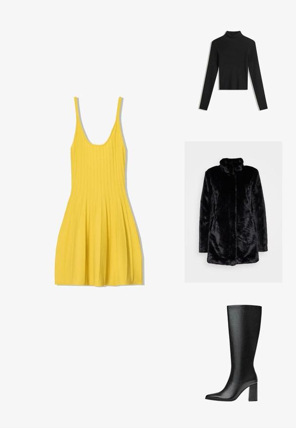 Schwarzer Kunstfellmantel mit hohem Kragen, weichem Bezug, langen Ärmeln und offenen Vorderteil. Keine sichtbaren Verschlüsse.; Schwarzer, gerippter Rollkragenpullover mit langen Ärmeln und cropped Design. Weiche Textur und figurbetonte Silhouette.; Gelbes geripptes Kleid mit dünnen Trägern, tailliertem Oberteil und ausgestellt gefaltetem Rock. Hergestellt aus strukturiertem Stoff, hat einen runden Halsausschnitt.; Schwarze kniehohe Stiefel aus Kunstleder mit spitzer Zehe, glatter Oberfläche und blockartigem Absatz. Minimalistisches Design ohne sichtbare Akzente.