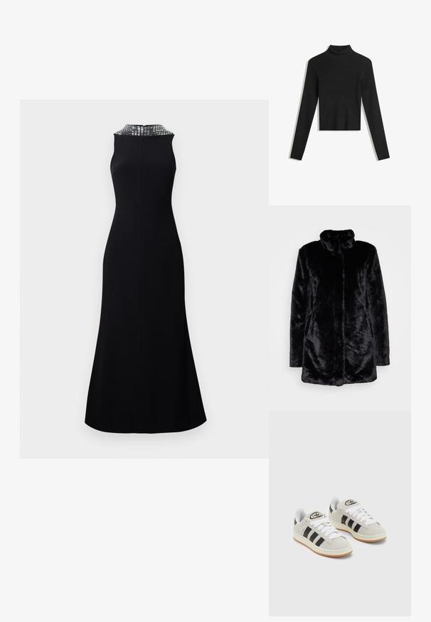 Crni kaput od umjetnog krzna s visokim ovratnikom, mekom teksturom, dugim rukavima i otvorenim prednjim dizajnom. Nema vidljivih kopčanja.; Crni rebrasti pulover s visokim ovratnikom i dugim rukavima, skraćenog dizajna. Mekana tekstura i kroj koji se prilagođava tijelu.; Crna haljina bez rukava s pripijenim gornjim dijelom i raširenim suknjom. Izrez je ukrašen teksturiranim srebrnim uzorkom.; Sive suede tenisice s bijelim vezicama, crnim prugama i bijelim gumiranim potplatom. Imaju kružni logo na jeziku i gumeni potplat.