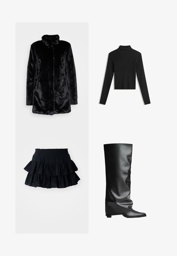 Čierny umelý kožuch s vysokým golierom, mäkkou textúrou, dlhými rukávmi a otvoreným predným dizajnom. Žiadne viditeľné zapínanie.; Čierny, rebrovaný rolák s dlhými rukávmi a skráteným strihom. Mäkká textúra a telu priliehajúci silueta.; Čierna sukňa s voľnými vrstvami, pozostávajúca z troch vrstiev, vyrobená z textúrovaného materiálu s jemným vzorom. Elastický pás pre pohodlie.; Čierne kožené vysoké topánky s hladkou textúrou, voľným dizajnom, špicatou špičkou a nízkym štvorcovým podpätkom. Minimalistický štýl bez viditeľného kovania.