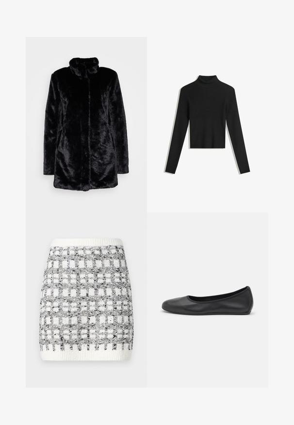Crni kaput od umjetnog krzna s visokim ovratnikom, mekom teksturom, dugim rukavima i otvorenim prednjim dizajnom. Nema vidljivih kopčanja.; Crni rebrasti pulover s visokim ovratnikom i dugim rukavima, skraćenog dizajna. Mekana tekstura i kroj koji se prilagođava tijelu.; Pletena suknja u crnoj i bijeloj boji s kvadratnim uzorkom, s rebrastim pojasom i teksturiranom površinom. Duljina iznad koljena.; Crne kožne baletanke s zaobljenim vrhom, glatke teksture, minimalnim detaljima šavova i fleksibilnim dizajnom potplata.