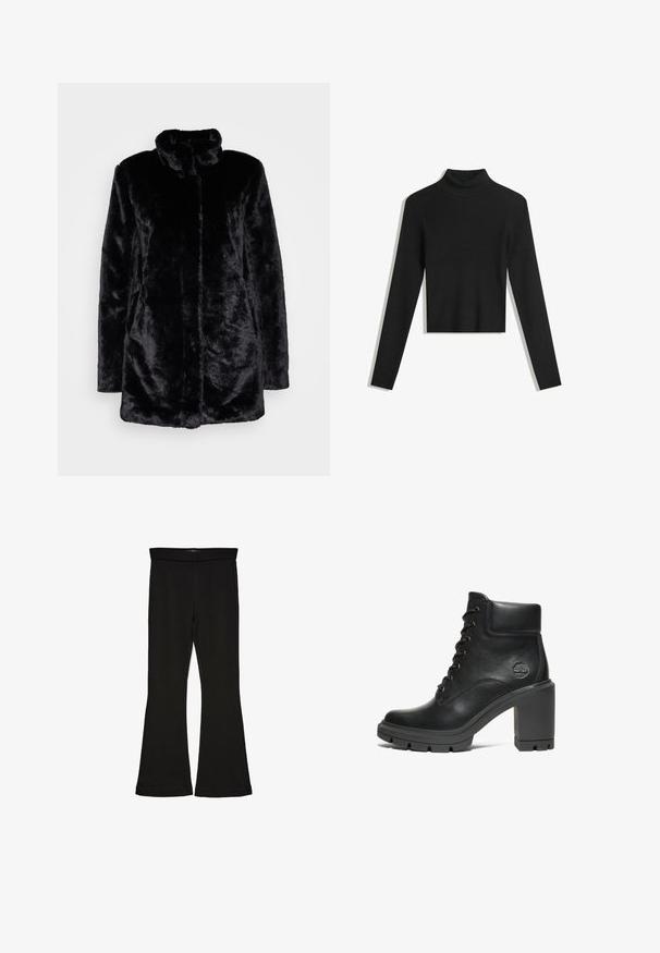 Musta tekoturkistakki, jossa on korkea kaulus, pehmeä rakenne, pitkät hihat ja avoin etuosa. Ei näkyviä kiinnityksiä.; Musta, ribattua pooloneule pitkähihaisilla ja lyhennettyä mallia. Pehmeä tekstuuri ja vartaloa myötäilevä silhouette.; Mustat leveät legginsit, jotka on valmistettu joustavasta kankaasta. Niissä on leveä vyötärö ja sileä pinta, sekä vartalonmyötäinen leikkaus, joka levenee helmassa.; Musta nahkainen nilkkabooti, jossa on paksu korko, nauhakiinnitys ja teksturoitu kumipohja; sivussa on pieni embossed-logo.