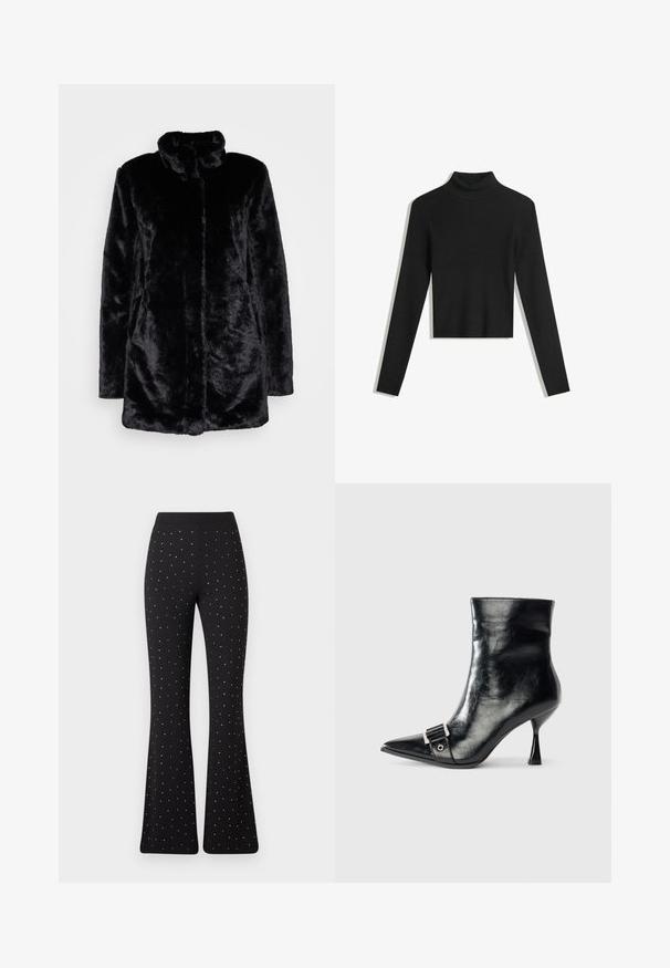 Črn plašč iz umetnega krzna z visokim ovratnikom, mehko teksturo, dolgimi rokavi in odprtim sprednjim delom. Brez vidnih zapiranj.; Črna, rebrasta pulover s turtleneck ovratnikom in dolgimi rokavi ter skrajšano zasnovo. Mehka tekstura in oprijet silhueta.; Črne razširjene hlače z enakomerno razporejenimi majhnimi belimi pikami in navadnim pasom na belem ozadju.; Črne gležnjarje iz sijoče usnje s koničastim prstom, opremljene s srebrno zaponko in edinstvenim trikotnim podplatom.