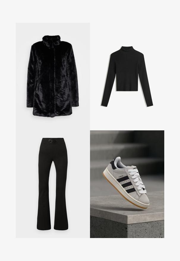 Svart fuskpälsjacka med hög krage, mjuk textur, långa ärmar och öppet framdesign. Inga synliga knäppningar.; Svart, ribbade turtleneck-tröja med långa ärmar och kort design. Mjuk textur och figurnära silhuett.; Svarta utsvängda byxor med en slät yta och bred midja som har en glänsande oval logodetalj framtill.; Grå Adidas Campus-sneaker med svarta ränder och vita skosnören som svävar ovanför en betongkant med trappor i bakgrunden.