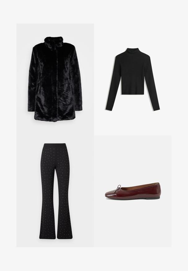 Cappotto in pelliccia sintetica nera con un colletto alto, morbida texture, maniche lunghe e design aperto. Nessun serraggio visibile.; Maglione nero a collo alto a coste con maniche lunghe e design corto. Tessuto morbido e silhouette aderente.; Pantaloni neri a zampa d'elefante con piccoli pois bianchi distribuiti uniformemente e una vita semplice su uno sfondo bianco.; Ballerine in pelle verniciata bordeaux con punta arrotondata, piccolo fiocco decorativo sulla parte anteriore e suola bassa in gomma nera. Texture liscia.