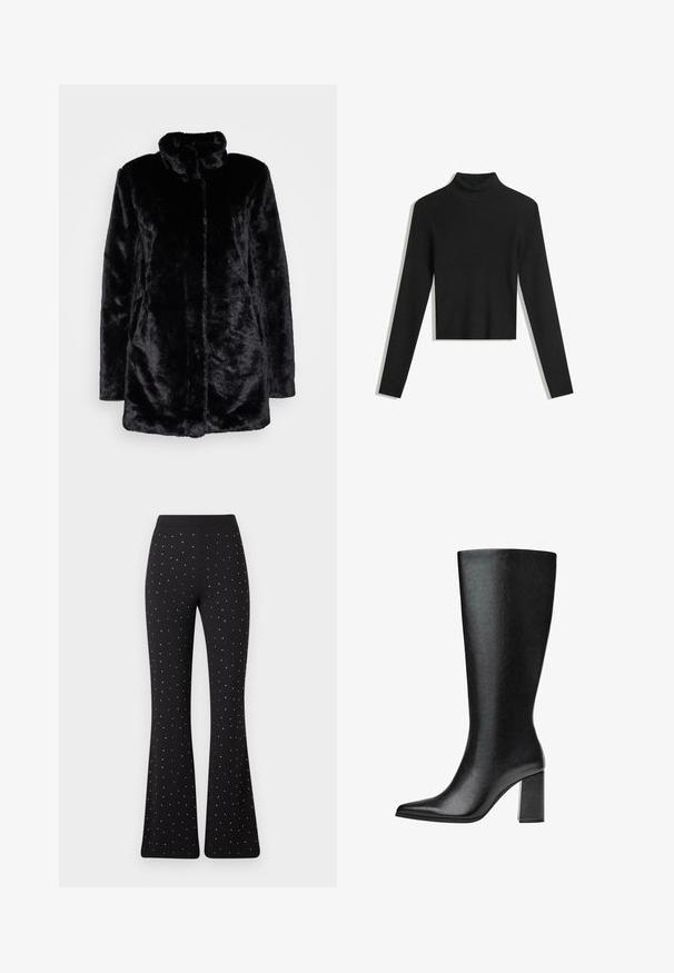 Schwarzer Kunstfellmantel mit hohem Kragen, weichem Bezug, langen Ärmeln und offenen Vorderteil. Keine sichtbaren Verschlüsse.; Schwarzer, gerippter Rollkragenpullover mit langen Ärmeln und cropped Design. Weiche Textur und figurbetonte Silhouette.; Schwarz ausgestellte Hosen mit gleichmäßig verteilten kleinen weißen Punkten und einem schlichten Taillenbund vor einem weißen Hintergrund.; Schwarze kniehohe Stiefel aus Kunstleder mit spitzer Zehe, glatter Oberfläche und blockartigem Absatz. Minimalistisches Design ohne sichtbare Akzente.