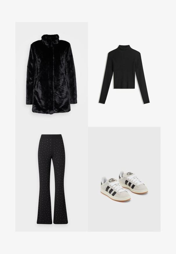 Black faux fur coat with a high collar, soft texture, long sleeves, and an open front design. No visible fastenings.; Black, ribbed turtleneck sweater with long sleeves and a cropped design. Soft texture and form-fitting silhouette.; Black flared pants with evenly spaced small white dots and a plain waistband against a white background.; Gray suede sneakers with white laces, black stripes, and a white rubber sole. Features a circular logo on the tongue and a gum sole.