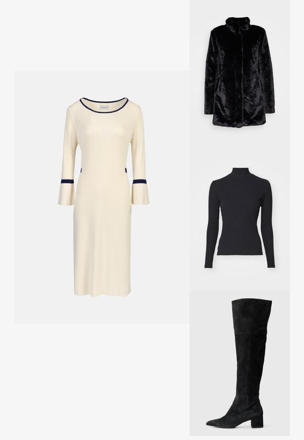 Must musta karvane mantel kõrge kaelarinnaga, pehme tekstuuriga, pikad varrukad ja avatud esiküljega disain. Pole nähtavaid kinnitusi.; Mustmust töötopp, millel on pikad varrukad. Valmistatud venivast kangast, millel on külgehoidv vorm ja kõrge krae. Lihtne disain ilma kaunistusteta.; Kreemikootud kleit kolmeveerandi lehvivate varrukatega, millel on samas toonis sinised aktsendid kaeluses ja mansettides ning küljetaskud. Lihtne, kehaehituse järgi sobiv disain.; Mustad seemisnahast põlvekõrged saapad, millel on terav nina ja plokktald. Sile pind külgmise õmbluse ja vormiva disainiga.