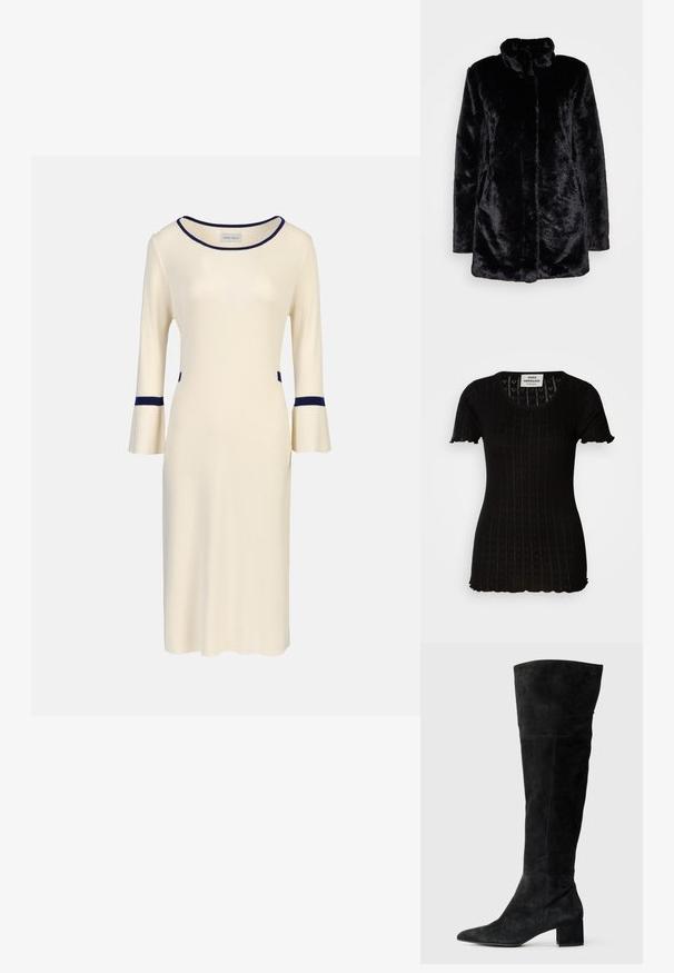 Fekete műszőrme kabát magas gallérral, puha tapintással, hosszú ujjal és nyitott elülső dizájnnal. Nincsenek látható zárások.; Fekete, rövid ujjú felső, bordázott textúrával, szívmintákkal. Lekerekített nyakkivágás és fodros szél a ujjain és az alján.; Krém színű kötött ruha háromnegyedes harangujjakkal, tengerészkék díszítéssel a nyakvonalnál és az ujjak végén, valamint oldalsó zsebekkel. Egyszerű, testhezálló kialakítás.; Fekete velúr térd fölötti csizma hegyes orral és tömb sarokkal. Simább felület oldalvarrással és testhezálló kialakítással.