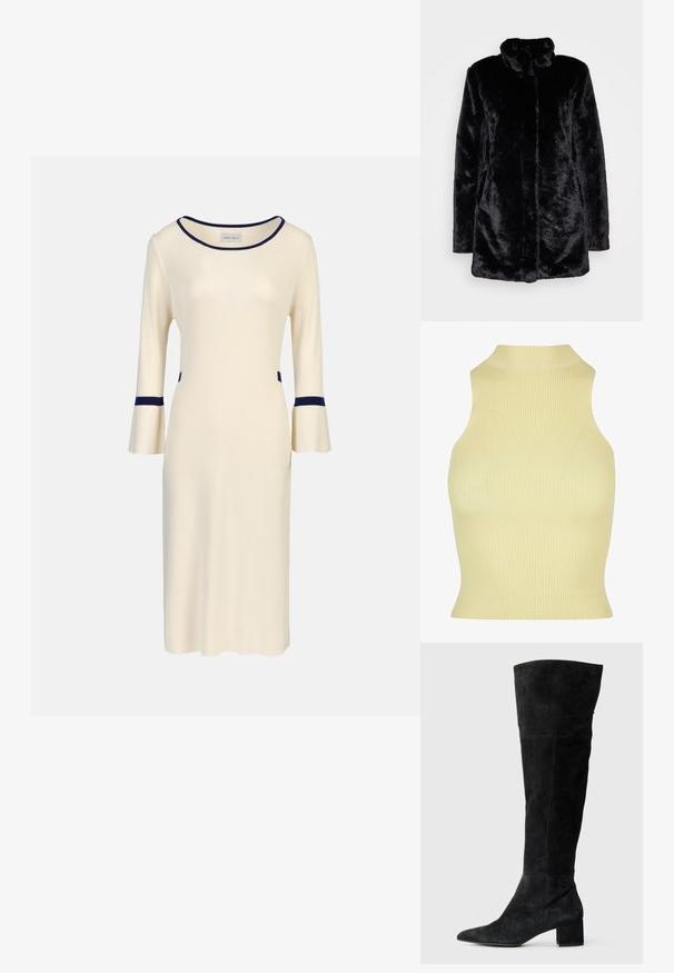 Black faux fur coat with a high collar, soft texture, long sleeves, and an open front design. No visible fastenings.; Ribbed sleeveless top in soft yellow, featuring a high neck and closely fitted silhouette. Made from a stretchy knit fabric for comfort.; Cream knit dress with three-quarter bell sleeves, featuring navy accents at the neckline and cuffs, and side pockets. Simple, fitted design.; Black suede over-the-knee boots with a pointed toe and a block heel. Smooth texture with side stitching and a fitted design.