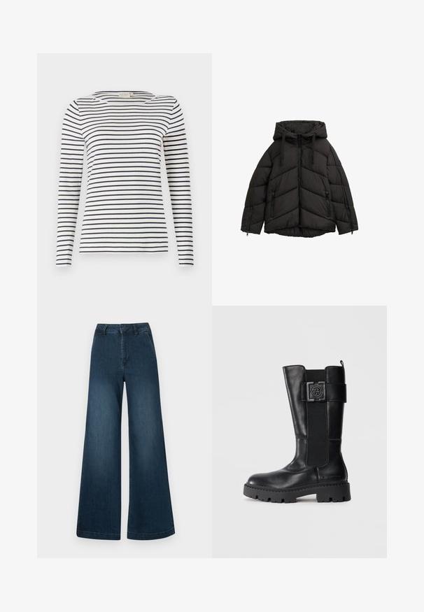 Mustat puhvijakku, jossa on huppu, vetoketjukiinnitys, kaksi sivutaskua vetoketjulla ja chevron-neliviittakuvio. Valmistettu kevyestä materiaalista.; Pitkähihaiset raidalliset paita, joka on valmistettu pehmeästä kankaasta. Siinä on tummansiniset ja valkoiset vaakaraidat, pyöreä pääntie ja kapea malli.; Tummansiniset korkeat leveät farkut, joissa on etutaskut ja vyölenkit, valkoisella taustalla.; Musta polvipituiset saappaat, jotka on valmistettu sileästä nahasta ja joissa on vyöllä varustettu yksityiskohta, joustava sivupaneeli sekä kova pohja, jossa on syvät urat.