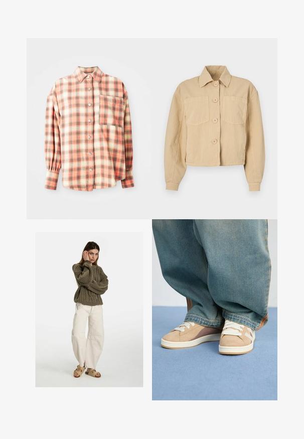 Casaco cropped bege feito de tecido canelado, apresentando um colarinho pontudo, mangas longas e dois bolsos frontais com botões redondos.; Camisa xadrez em vermelho, verde e creme; design com botões, mangas longas com punhos franzidos, um bolso no peito, textura de tecido macio.; Free People GOOD LUCK MID RISE BARREL - Calças de ganga de corte relaxado - beige; Sapatilhas bege em materiais de camurça e tecido, com atacadores brancos, realces castanho claro e uma sola texturizada. Usadas com calças de ganga azul largas.