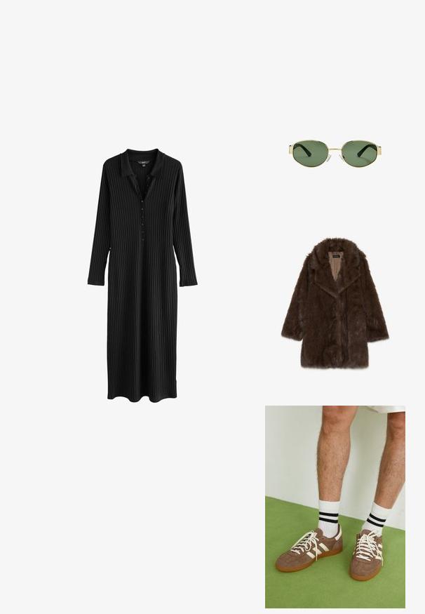 Brązowy płaszcz z sztucznego futra z szerokim kołnierzem, długimi rękawami i otwartym przodem. Posiada miękką, teksturowaną powierzchnię oraz gładką podszewkę.; Next - Długa sukienka; Brązowe zamszowe sneakersy z białymi akcentami i sznurówkami. Gumowa, brązowa podeszwa. Noszone z białymi skarpetkami w czarne paski. Zielona teksturowana podłoga.; Złote okulary przeciwsłoneczne w metalowej oprawie z zielonymi soczewkami, o owalnym kształcie, czarnymi zausznikami i przezroczystymi noskami. Czysty, minimalistyczny design.; DRAGON DIFFUSION ROSANNA ciemnobrązowy