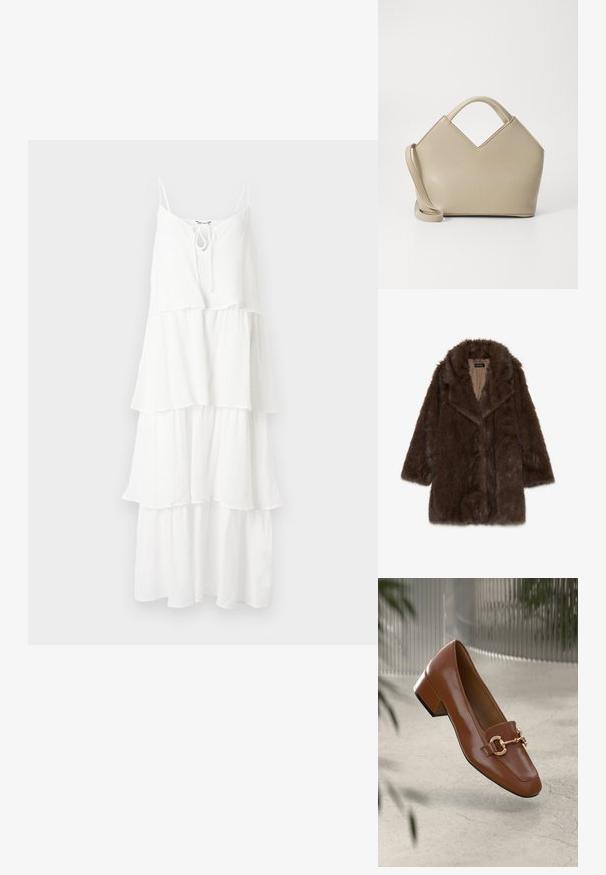 Casaco de pelagem sintética castanha com um colarinho largo, mangas longas e abertura frontal. Apresenta uma superfície suave e texturizada e um forro interior liso.; Vestido branco em camadas, feito de um tecido texturizado, com finas alças tipo espaguete e um detalhe de laço no decote.; Sandal com biqueira quadrada em couro patente castanho, com detalhe em corrente metálica e salto bloco baixo; textura suave, design minimalista.; Bolsa estruturada bege com um topo em forma de V, material de couro liso, alças curtas e uma alça longa ajustável. Design minimalista.