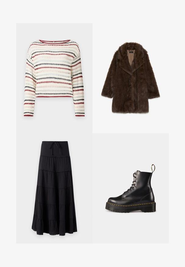 Rudas dirbtinis kailio paltas su plačiu apykaklė, ilgomis rankovėmis ir atviru priekiu. Paltas turi minkštą, tekstūruotą paviršių ir lygų vidinį pamušalą.; Kruopščiai megztas megztinis su ilgomis rankovėmis, apvaliu kaklu; turi pakaitomis stočių smėlio, raudonos, tamsiai mėlynos ir šviesiai rožinės spalvos; tekstūruotas raštas.; Juodas sluoksniuotas maksi sijonas su raišteliu liemenyje, pasižymintis tekanti dizainu ir tekstūruota medžiaga.; Juodi odiniai auliniai batai su raišteliais, turintys masyvų juodą pado ir geltoną siūlą. Su nugarinėmis kilpomis ir apvaliais metaliniais akių laikikliais.