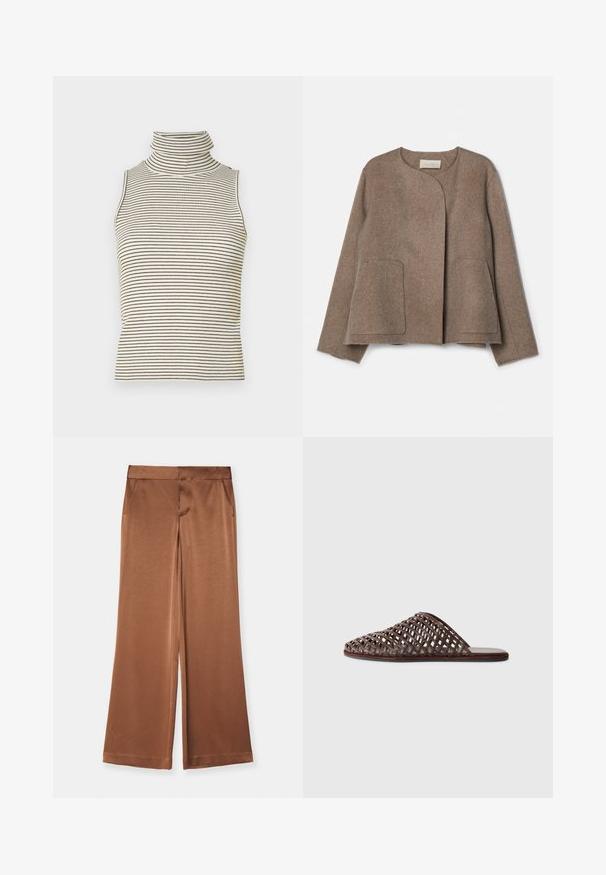 Vanessa Bruno CHANN - Vasaras jaka - taupe; Bez piedurknēm, augsta izgriezuma topiņš ar vertikālām melnbaltām svītrām, izgatavots no teksturēta adīta auduma, ar augstu, pieguļošu apkakli.; Brūni plati bikses, izgatavotas no satīna, ar sānu kabatām, gludu tekstūru un pielāgotu jostasvietu, kas nodrošina strukturētu piegriezumu.; Brūni austs slaidu sandales ar noapaļotu pirkstu, atvērtu dizainu, plakanu zoli un teksturētu virsmu. Viegls materiāls un minimālistiska siluets.
