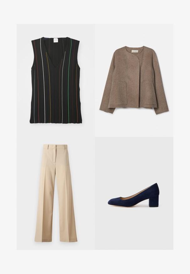 Vanessa Bruno CHANN - Casaco de verão - taupe; Top preto sem mangas com decote em V, apresentando riscas verticais em vermelho, branco, azul, amarelo, verde e castanho; textura canelada.; Calças largas bege feitas de tecido suave, com frente plana com pregas, fecho de correr e passantes para cinto. Ajuste entalhado no geral.; Salgados de camurça azul-marinho com bico fino e um salto quadrado de altura média. Textura suave com um ligeiro brilho e um pequeno corte na parte da frente.