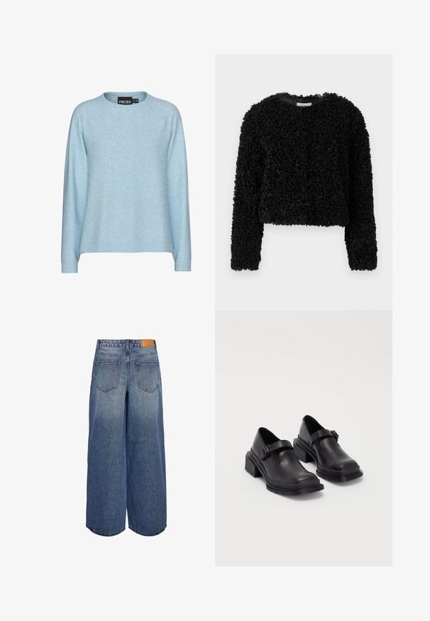 Črn, skrajšan pulover iz teksturiranega blaga z puhasto površino. Dolgi rokavi in okrogli ovratnik nudijo mehak in topel videz.; Svetlo modra jopica z okroglim ovratnikom, dolgimi raglan rokavi in ribastimi manšeti. Narejena iz mehkega materiala z blagim teksturiranim vzorcem.; Široke denimske culote srednje modre pranja z blagim izginjanjem, ki imajo dve zadnji žep in rjav usnjen logotip na pasu.; Črne usnjene čevlje z zaobljenim nosom, ravnim podplatom in trakcem z zaponko. Debel blokasti petnik za dodatno stabilnost.