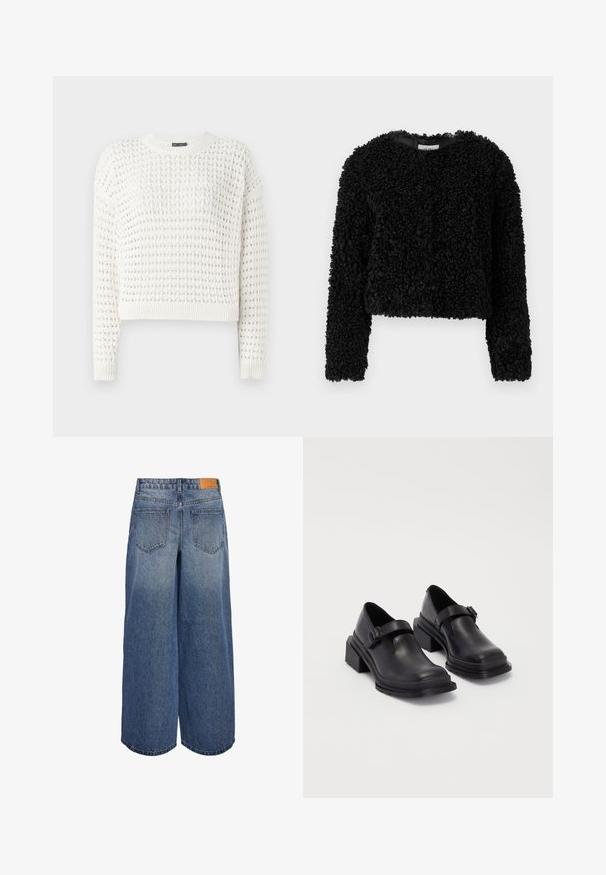 Pull noir court en tissu texturé avec une finition duveteuse. Manches longues et décolleté rond, offrant un aspect doux et chaleureux.; Pull en tricot blanc avec un motif texturé, encolure ronde, manches longues et poignets et ourlet côtelés. Design court.; Culottes en denim à jambes larges dans un lavage bleu moyen avec une texture délavée, comportant deux poches arrière et une étiquette de marque en cuir marron sur la taille.; Chaussures en cuir noir avec un bout arrondi, semelle plate et une sangle avec une boucle décorative. Talon épais pour plus de stabilité.